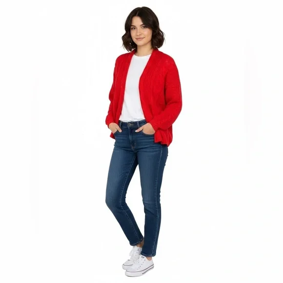 Pen + Paper Red Cable Knit Open Front Cardigan S - Picture 1 of 5